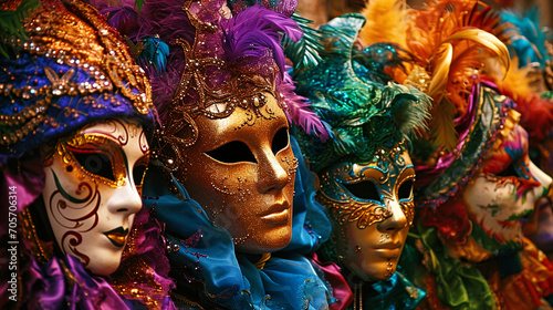 Horizontal beautiful image of Venetian carnival performers wearing masks. Background for banner, flyer, advertising, travel concept © Yana