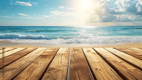 Sunny Beach Backdrop with Wooden Table Top and Copy Space
