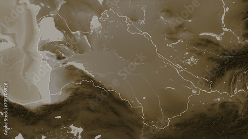 Turkmenistan outlined. Sepia elevation map