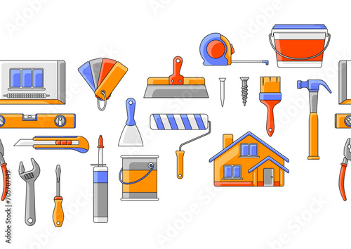 Pattern with repair working tools. Equipment for construction industry and business.