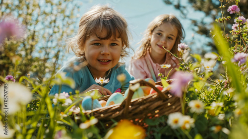 Joyful and laughing children hunting for colorful Easter eggs on a spring meadow with flowers, delighting in the festive tradition