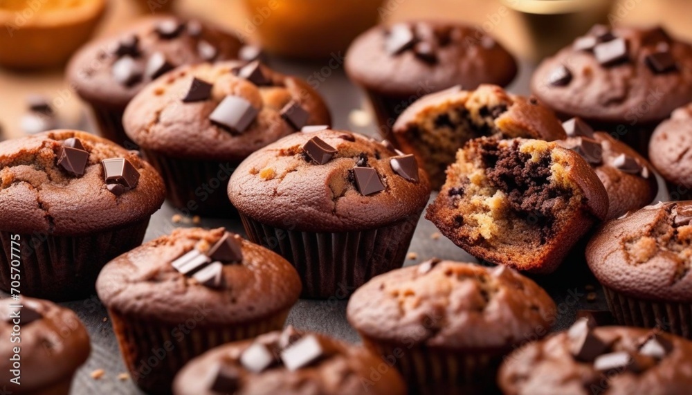 chocolate muffins with chocolate chips pattern background HD on wood table