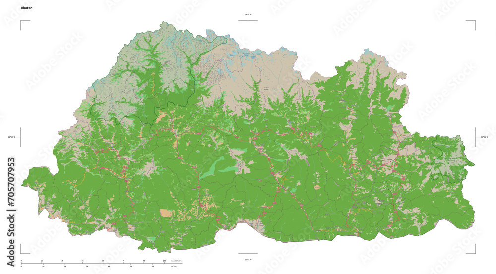 Bhutan shape isolated on white. OSM Topographic French style map