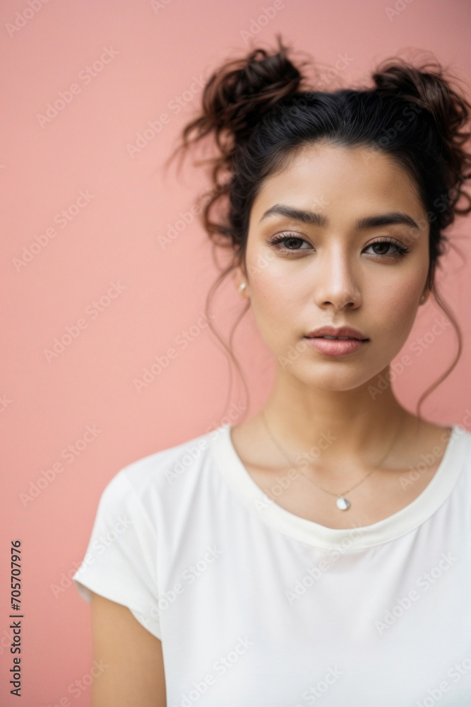 Close-up vertical portrait of an attractive charming smiling young model girl wearing a white T-shirt and looking at the camera on a pink background with copy space. Close-up vertical portrait of an attractive charming smiling young model girl wearing a white T-shirt and looking at the camera on a pink background with copy space.