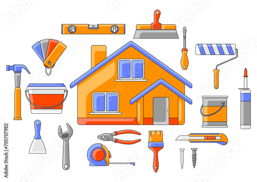Background with repair tools. Equipment for construction industry and business.
