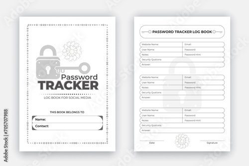 Password tracker log book design template, personal and website data format notebook, reminder journal interior with black white paper