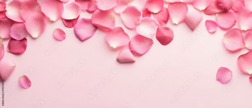 Pink rose petals on pastel pink background with copy space.
