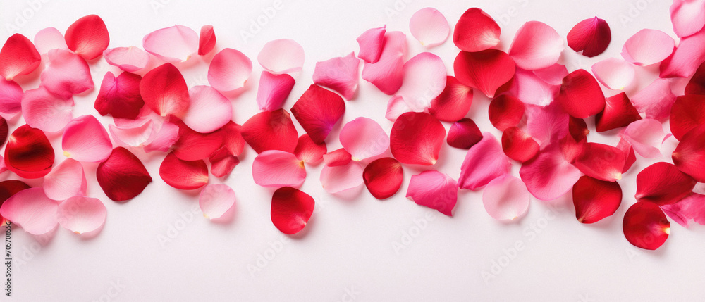Red and pink rose petals on white background. Top view.