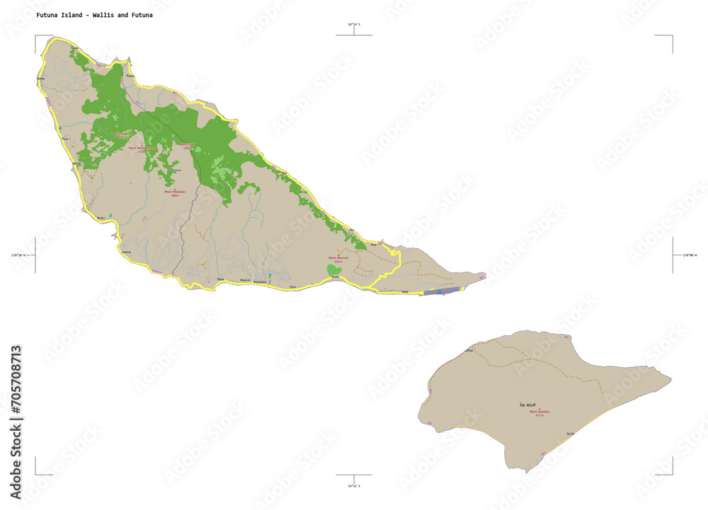 Futuna Island - Wallis and Futuna shape isolated on white. OSM Topographic French style map