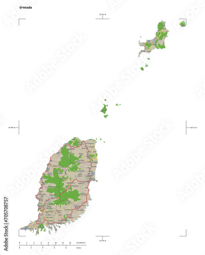 Grenada shape isolated on white. OSM Topographic French style map