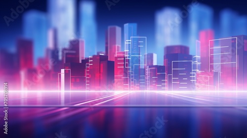 Vibrant Urban Nights: Blurred Blue and Pink Cityscape Background with Modern Skyscrapers and Neon Lights Creating an Energetic Atmosphere in the Metropolitan Downtown.