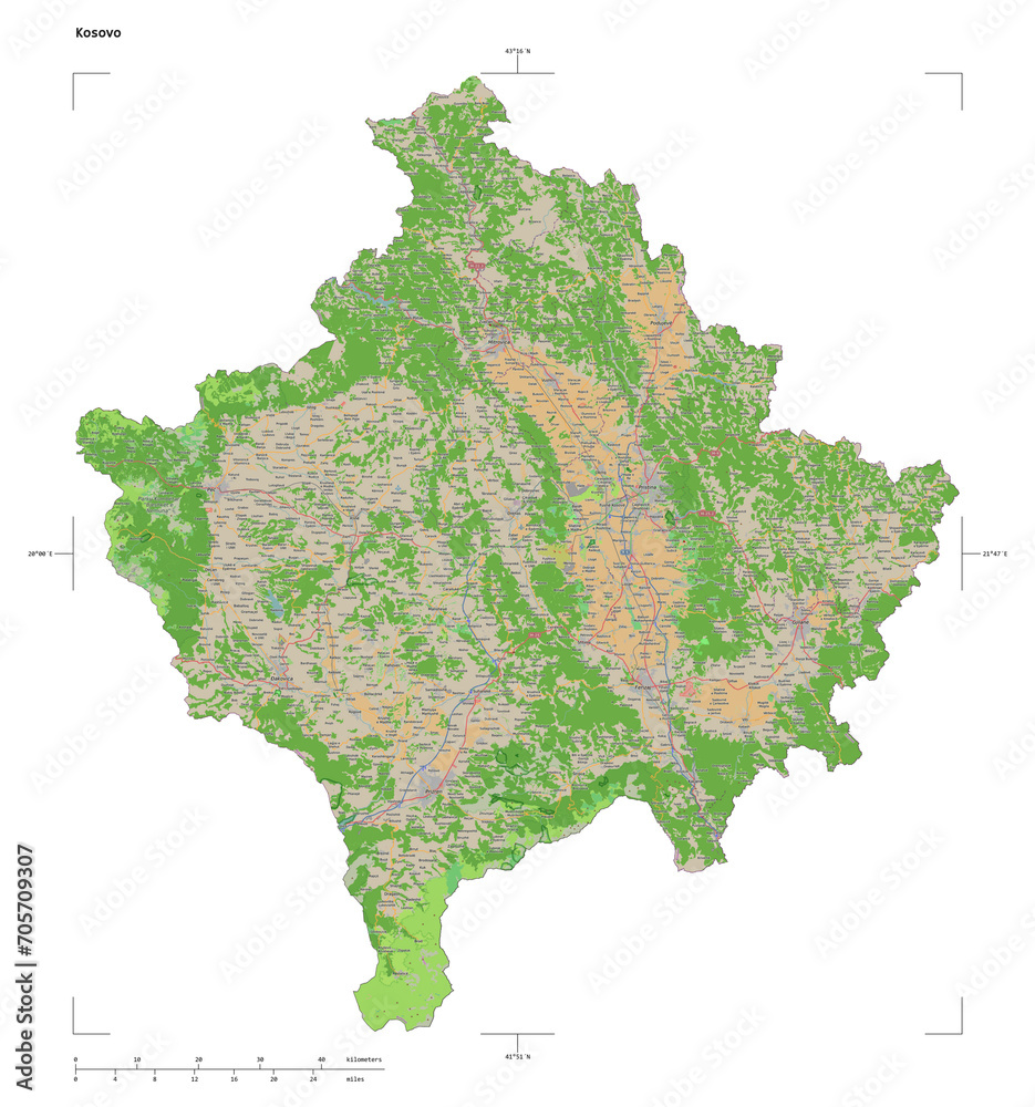 Kosovo shape isolated on white. OSM Topographic French style map