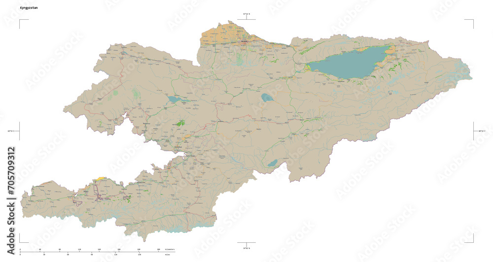 Naklejka premium Kyrgyzstan shape isolated on white. OSM Topographic French style map