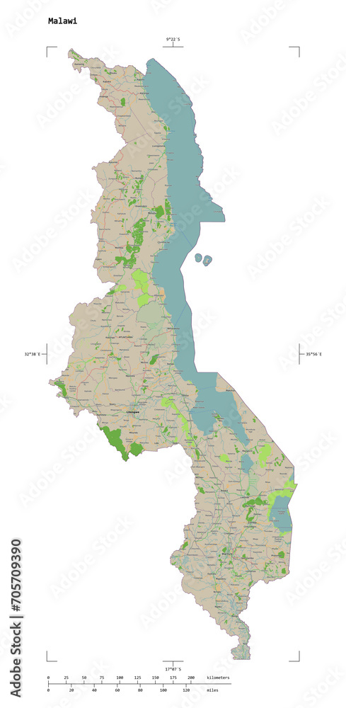 Malawi shape isolated on white. OSM Topographic French style map