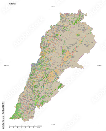 Lebanon shape isolated on white. OSM Topographic French style map