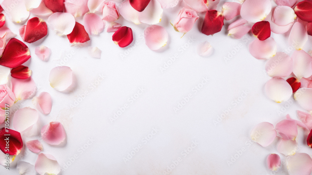 Rose petals on white background with copy space for your text.