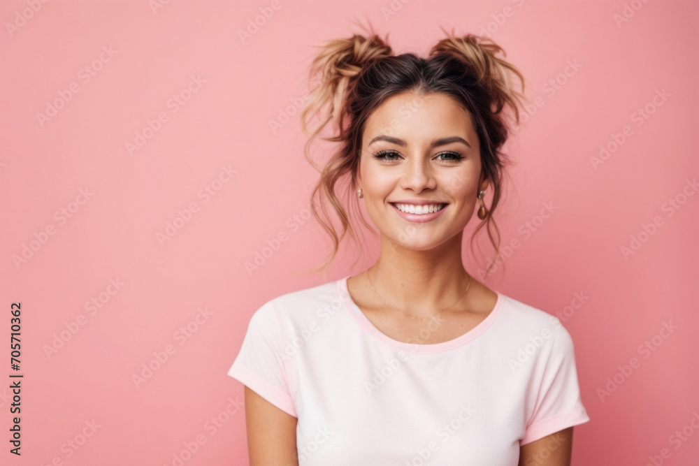 Portrait of an attractive charming smiling young model girl wearing a white T-shirt and looking at the camera on a pink background with copy space. Portrait of an attractive charming smiling young model girl wearing a white T-shirt and looking at the camera on a pink background with copy space.