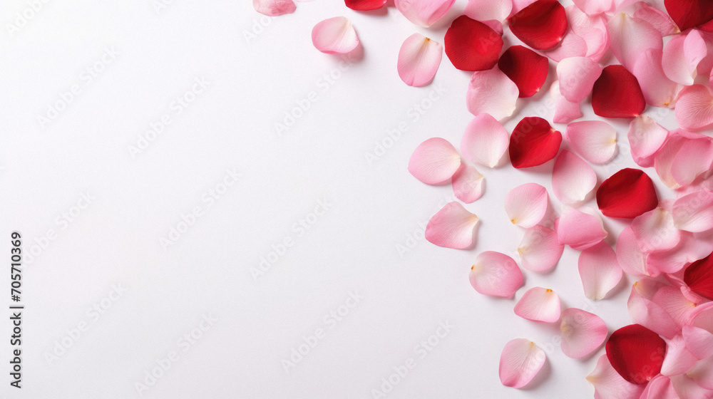 Rose petals on a white background. Place for your text.
