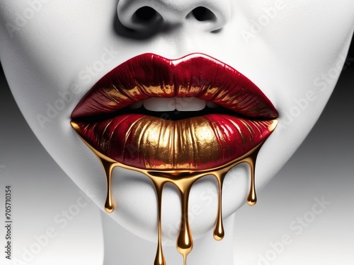 Red and gold puckered lips drippy kiss. AI generated photo