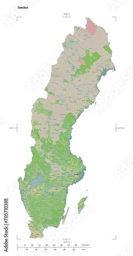 Sweden shape isolated on white. OSM Topographic French style map