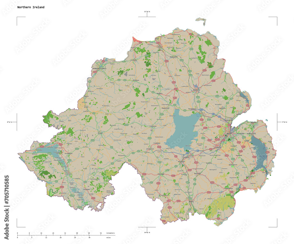 Northern Ireland shape isolated on white. OSM Topographic French style map