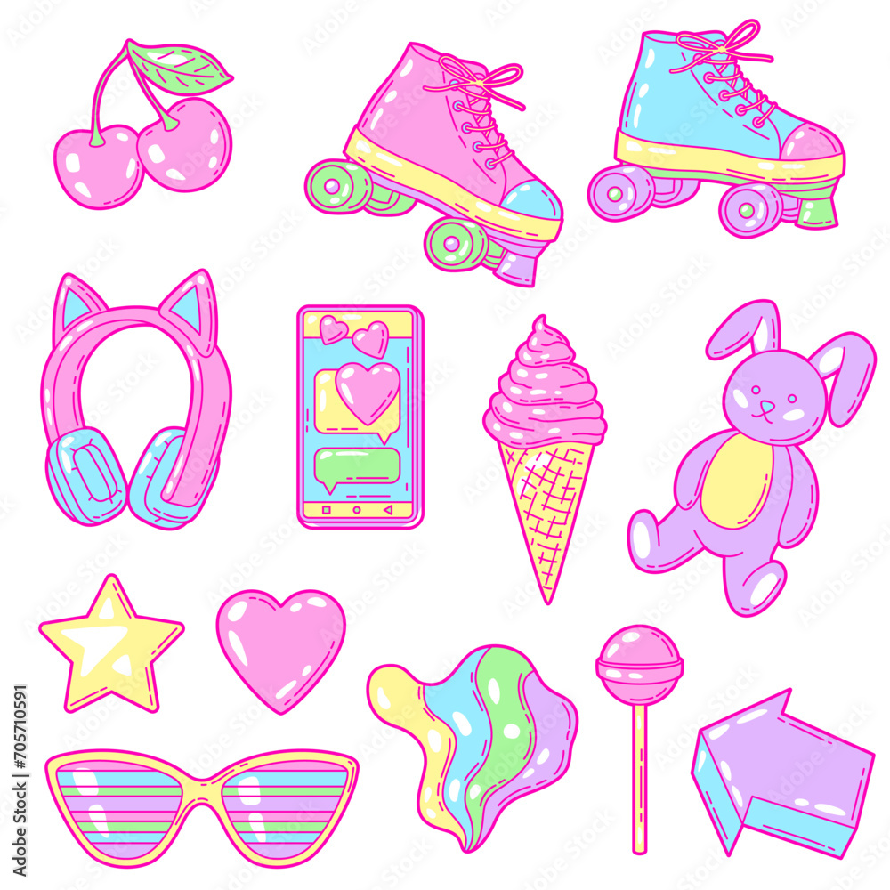 Set of fashion girlish items. Colorful cute teenage illustration.