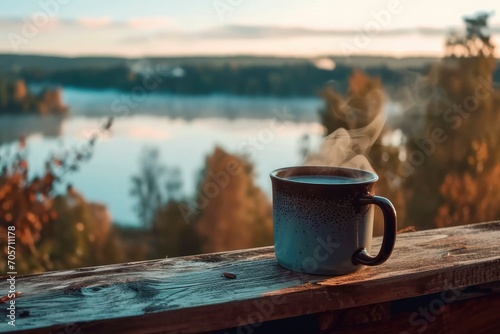 Coffee mug on wooden table at foggy lake