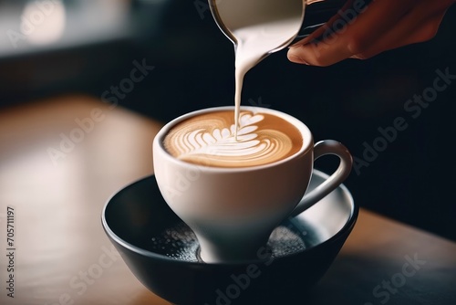 A person pouring steamed milk into coffee cup making coffee
