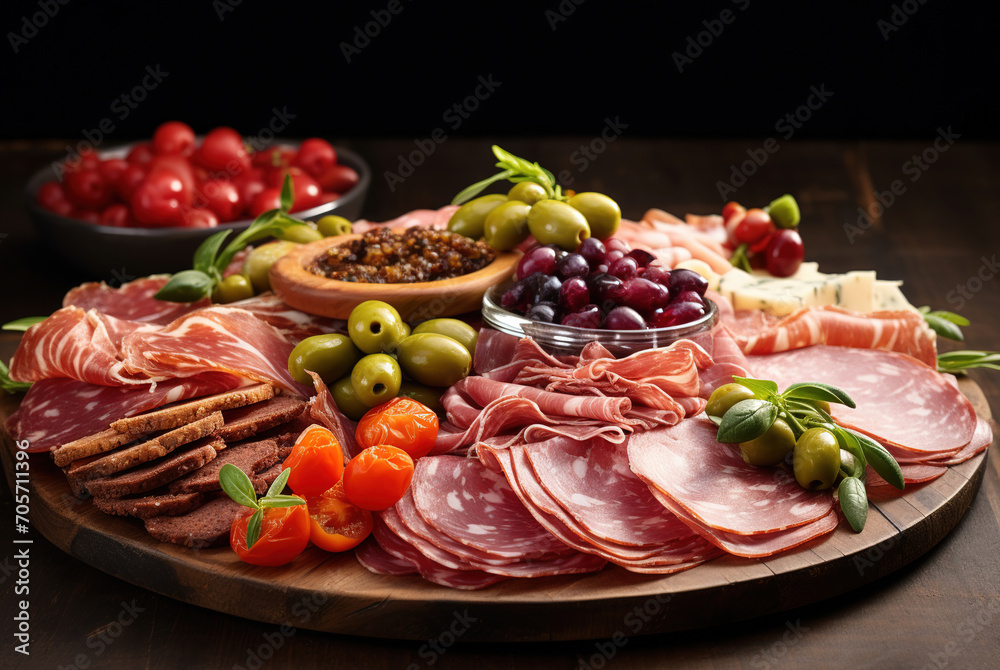 Assortment of Italian and Spanish sliced meat appetizer, prosciutto, salami and ham, with olives