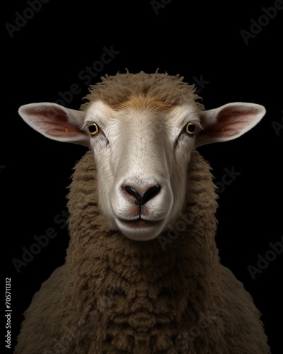 Close up portrait of a sheep, ewe or lamb looking at the camera, farm domestic animal isolated on black background, conformist person, follower with wool who obeys and do not question authority