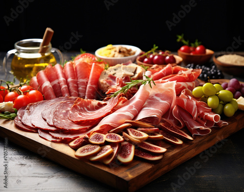 Meat plate . Assortment of natural delicious deli meats with vegetables and olives on wooden board on wooden background.