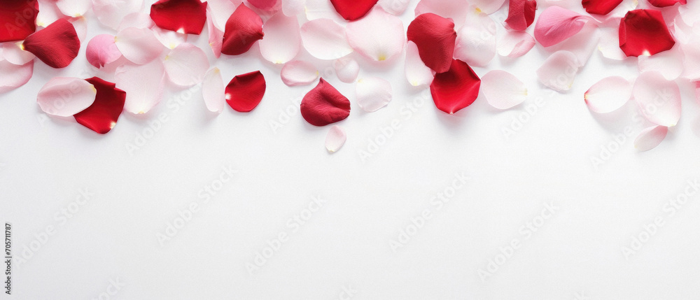Red rose petals on white background with copy space for text.