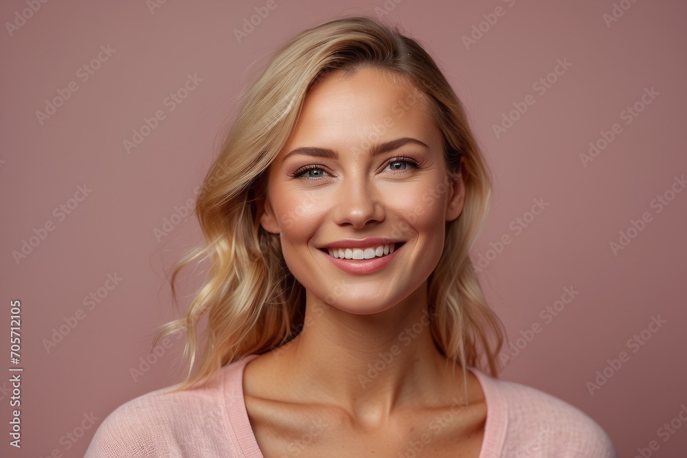 Close-up portrait of a happy smiling young blonde woman looking at the camera on a pink background. Close-up portrait of a happy smiling young blonde woman looking at the camera on a pink background.