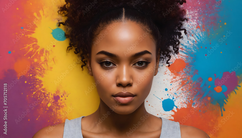 an abstract painting illustration portrait of a beautiful young african american female person. colorful splashes.