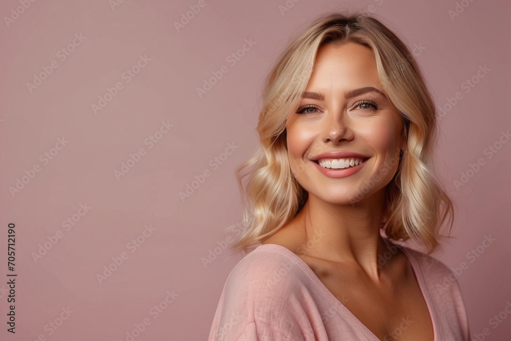 Close-up portrait of a happy smiling young blonde woman looking at the camera on a pink background. Positive emotions, facial expression concepts. Close-up portrait of a happy smiling young blonde woman looking at the camera on a pink background. Positive emotions, facial expression concepts.