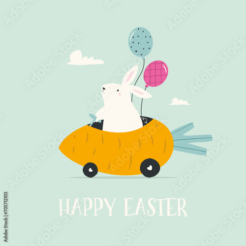 Easter greeting card with funny rabbit, bunny riding in a carrot car