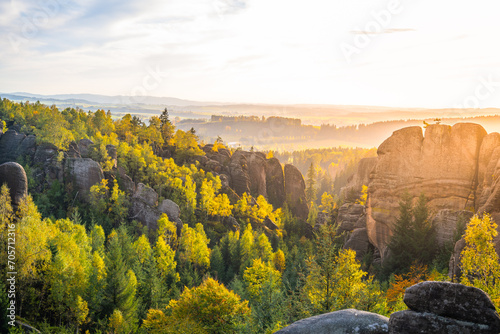 Sunset in Broumov Walls. Rock Theater lookout point in sandstone rock formation. Czechia photo