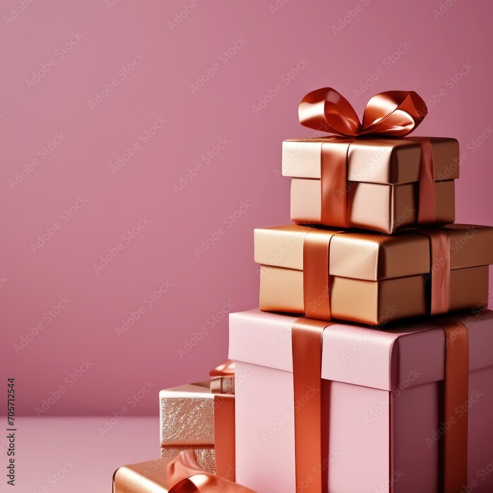 Obraz premium gifts in boxes with a bow on a pink background. festive background.