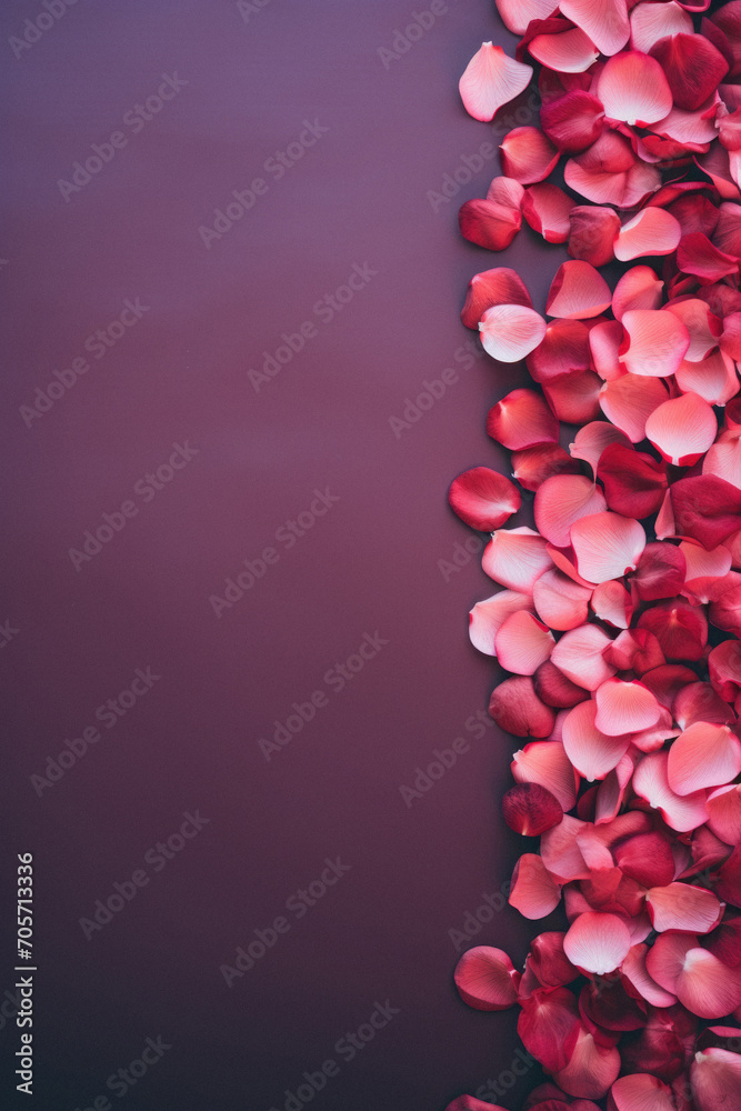 Fototapeta premium Rose petals on a dark red background. Valentine's Day.