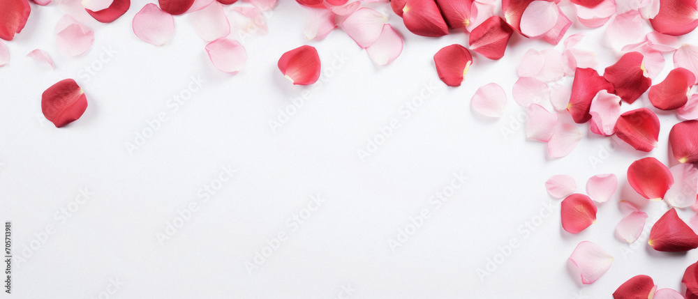 Rose petals on white background. Valentines day background with copy space.