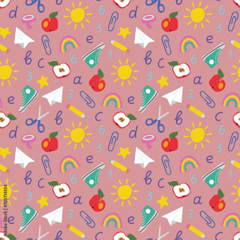 School seamless pattern, Back to school background, Childrens bedroom wallpaper print, Playful stationery design, Gender neutral pattern, Childish school background in flat style School seamless pattern, Back to school background, Childrens bedroom wallpaper print, Playful stationery design, Gender neutral pattern, Childish school background in flat style