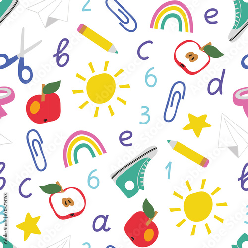 School seamless pattern, Back to school background, Childrens bedroom wallpaper print, Playful stationery design, Gender neutral pattern,  Childish school background in flat style