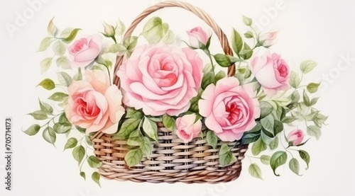 Watercolor roses in a basket