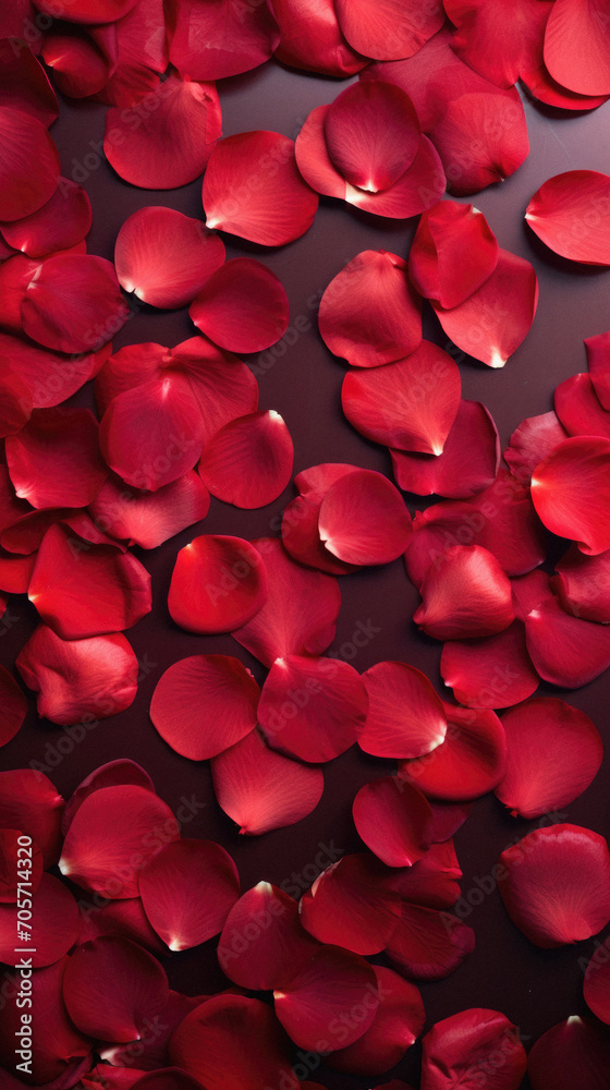 Red rose petals on a dark background. Valentines day background.