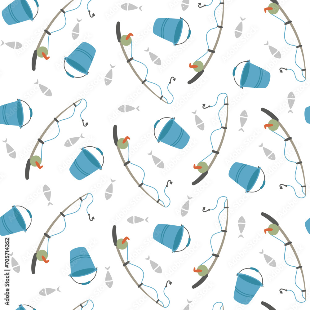 Summer seamless pattern with fish, fishing rod and bucket.Vector illustration in simple cartoon style.