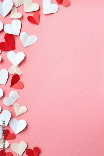 Valentine's day background with white and red hearts on pink. © Synthetica