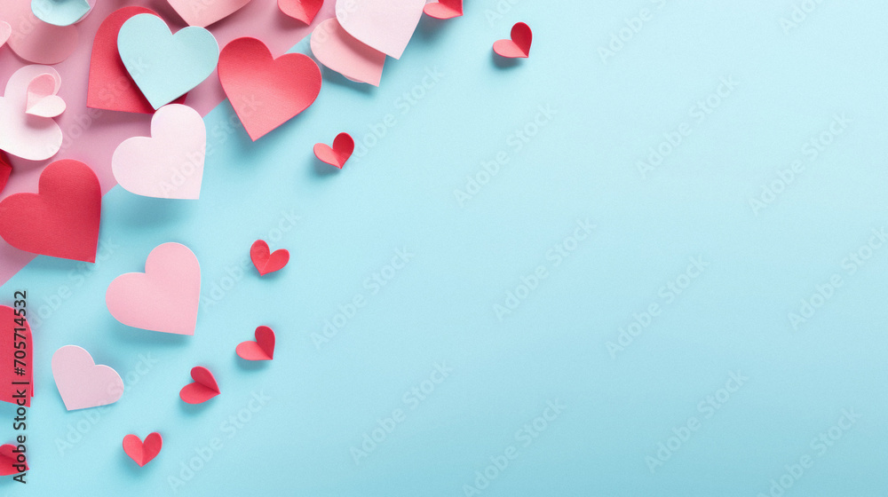 Valentine's day background with pink paper hearts on blue background.