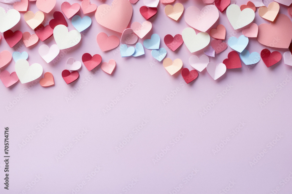 Valentine's day background with paper hearts on pink background.