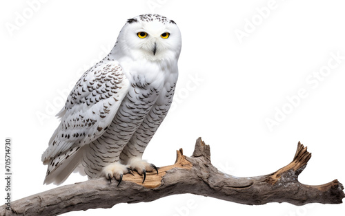 Silent Observer: A Snowy Owl's Graceful Rest on a Frosty Bough Isolated on Transparent Background PNG. © Jack
