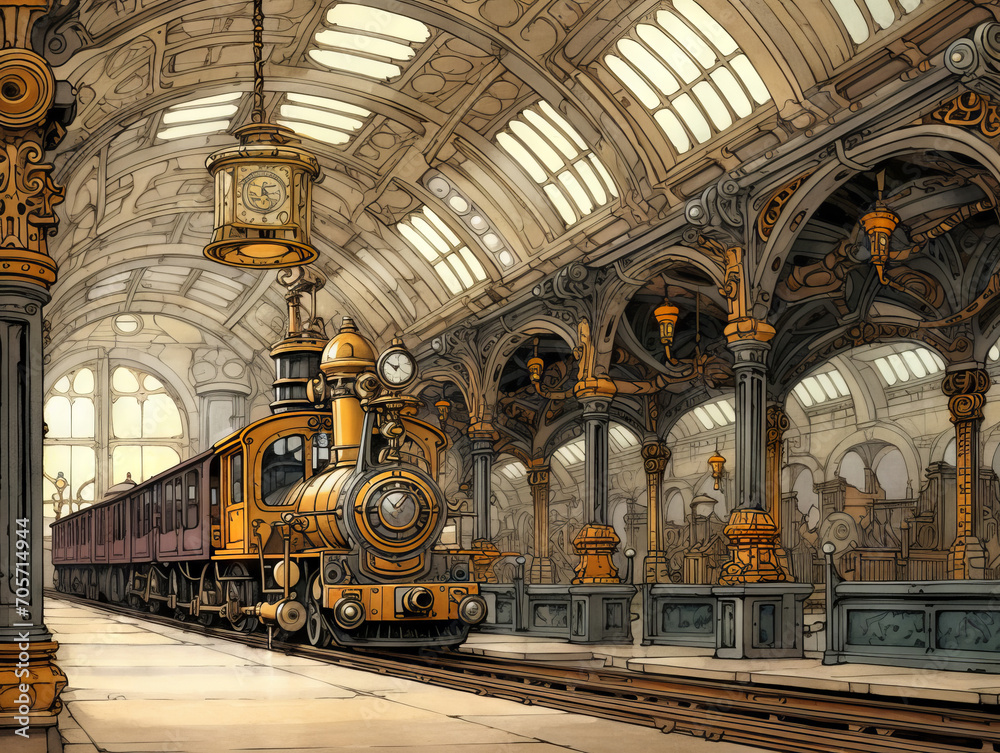 Victorian steampunk railroad sketch